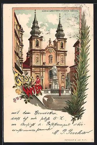 Lithographie Wien, Haydn-Denkmal vor der Mariahilferkirche
