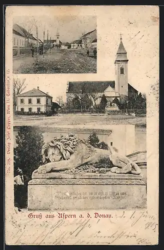 AK Wien, Aspern a. d. Donau, Kirche, Löwendenkmal, Strassenpartie mit Kirche