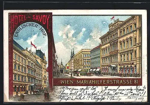 Lithographie Wien, Hotel Savoy, Englischer Hof, Mariahilferstrasse 81