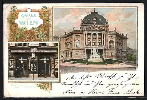 AK Wien VII, Bellaria mit dem deutschen Volkstheater, Klavier-Salon Albin Förstl