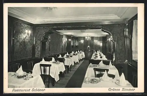 AK Wien, Restaurant Schöner, Siebensterngasse 19, Grünes Zimmer mit gedeckten Tischen