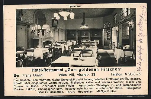 AK Wien, Hotel-Restaurant Zum goldenen Hirschen, Alserstr. 33, Speisesaal, Inh. Franz Brandl