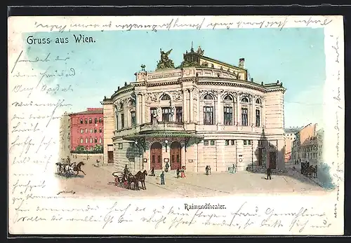 Lithographie Wien, Raimund-Theater mit Pferdekutsche