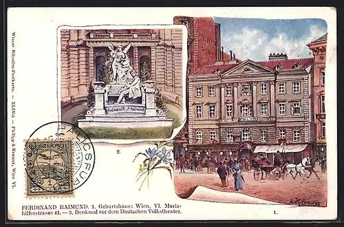 AK Wien, Ferdinand Raimund Geburtshaus, Denkmal vor dem Deutschen Volkstheater