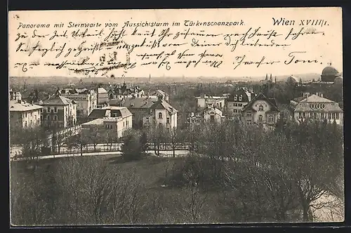 AK Wien, Panorama mit Sternwarte vom Aussichtsturm im Türkenschanzpark