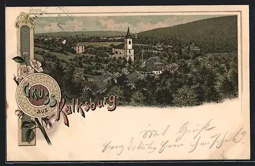 Lithographie Wien-Kalksburg, Ortsansicht mit Kirche aus der Vogelschau