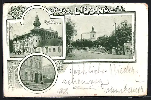 AK Wien, Liesing, Restaurant Brauhaus, Brücke und Geschäft