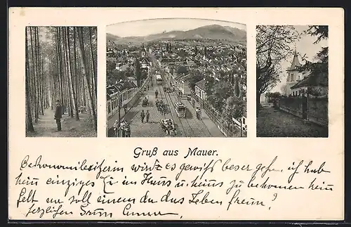 AK Wien-Mauer, Strassenpartie mit Ortsblick und Strassenbahnen, Waldpartie