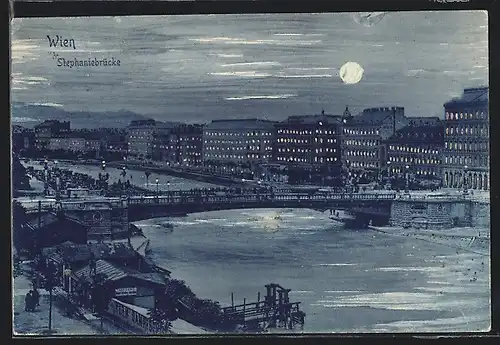 Mondschein-AK Wien, Stefaniebrücke mit beleuchteten Gebäuden