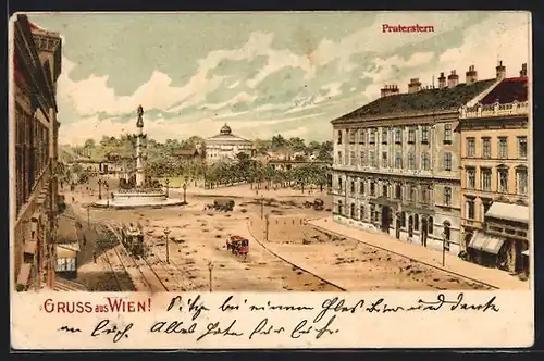 Lithographie Wien, Praterstern und Tegetthoff-Denkmal
