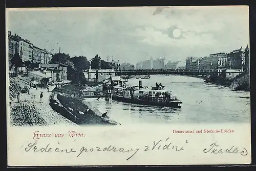 Mondschein-AK Wien, Donaucanal und Stefanie-Brücke