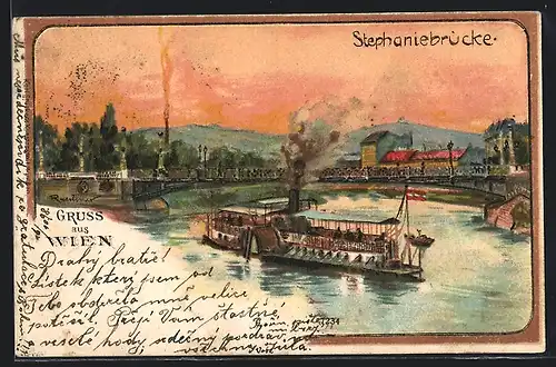 Lithographie Wien, Stephaniebrücke mit Dampfer im Abendrot