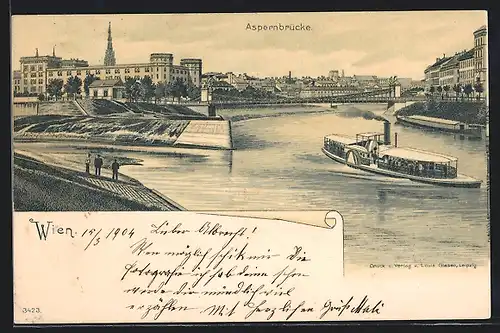 Lithographie Wien, Aspernbrücke mit Dampfer
