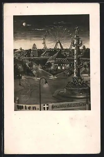 Künstler-AK Wien, TKreuzung mit Säulendenkmal und Riesenrad bei Vollmond, Wappen