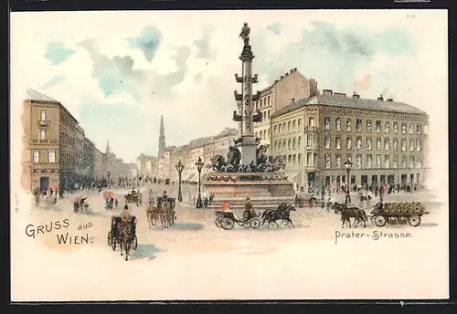 Lithographie Wien, Prater-Strasse mit Tegetthoff-Monument