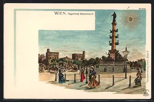 Sonnenschein-AK Wien, Tegetthof-Monument, Pferdekutschen