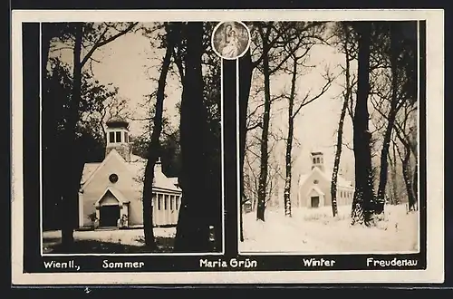 AK Wien, Freudenau, Kirche Maria Grün im Sommer und im Winter
