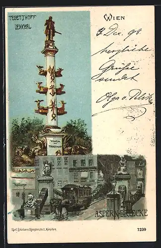 Lithographie Wien, das Tegetthoff-Monument, Bahn auf der Aspernbrücke