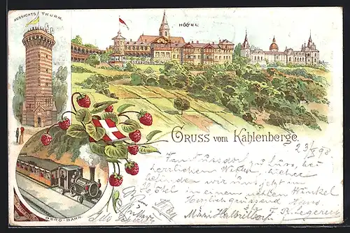 Lithographie Wien-Kahlenberg, Bergbahn, Aussichtsturm und Hotel