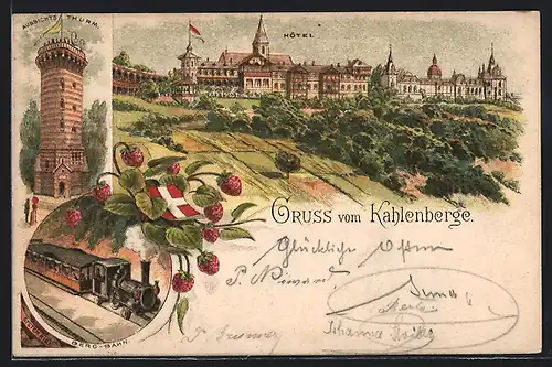 Vorläufer-Lithographie Wien-Kahlenberg, 1895, Aussichtsthurm, Berg-Bahn, Hotel