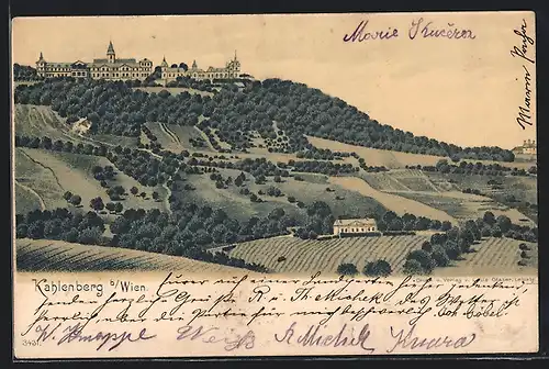Lithographie Wien-Kahlenberg, Gesamtansicht mit Anbaufeldern
