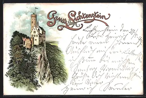 Lithographie Lichtenstein, Blick auf Schloss Lichtenstein mit Wäldern