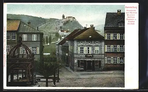 AK Hammelburg, Marktplatz mit Marmorbrunnen u. Schloss Saaleck