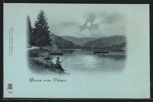 Mondschein-AK Titisee, Angler u. Boote am See