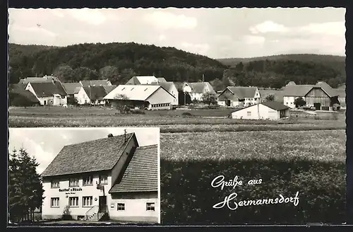 AK Hermannsdorf, Gasthof z. Rössle u. Ortsansicht