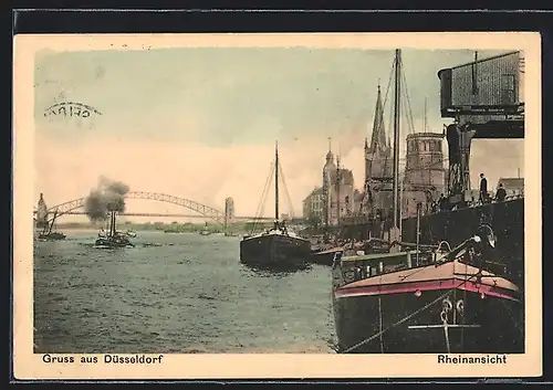 AK Düsseldorf, Rheinansicht mit Brücke