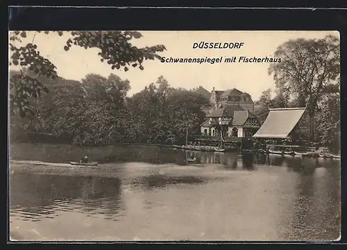 AK Düsseldorf, Schwanenspiegel mit Fischerhaus