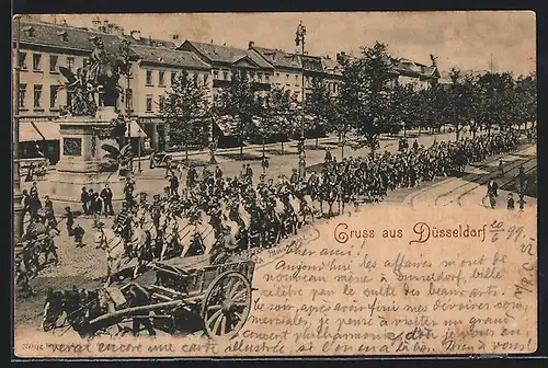 AK Düsseldorf, Militärzug am Reiterdenkmal, Pferdewagen