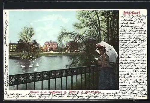 AK Düsseldorf, Hofgarten, Ortspartie mit Blick zur Kunsthalle