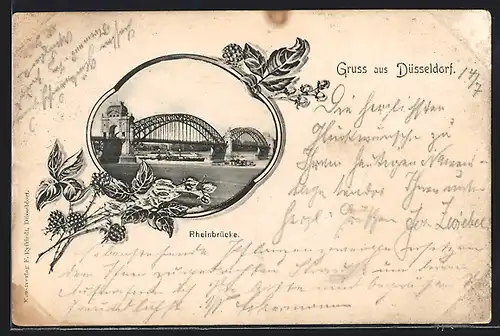 Passepartout-AK Düsseldorf, Rheinbrücke, Brombeerzweig