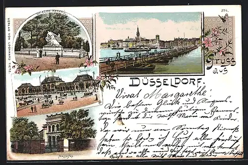 Lithographie Düsseldorf, Bahnhof, Kriegerdenkmal, Malkasten und Ortspanorama