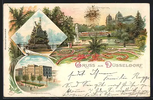 Lithographie Düsseldorf, Partie im Floragarten, Provinzial-Denkmal & Oberpostdirektion