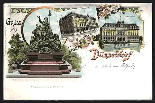 Lithographie Düsseldorf, Ständehaus, Tonhalle, Provinzial-Denkmal