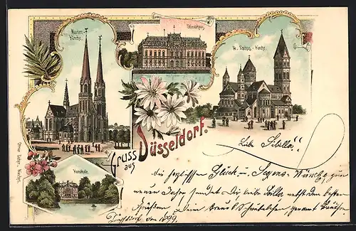 Lithographie Düsseldorf, Marien-Kirche, Kunsthalle, Ständehaus, St. Rochus-Kirche