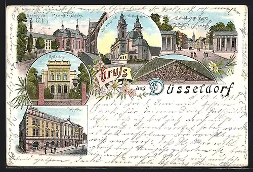 Lithographie Düsseldorf, Ratinger Thor, Tonhalle, Maximilianskirche mit Mariensäule