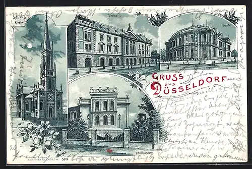 Lithographie Düsseldorf, Johannis-Kirche bei Mondschein, Tonhalle, Theater