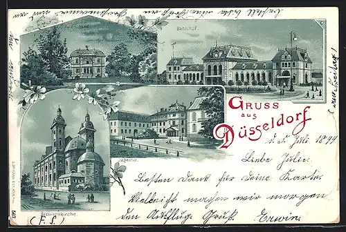 Lithographie Düsseldorf, Kunsthalle, Bahnhof, Jesuitenkirche und Jägerhof