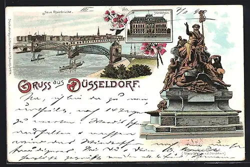 Lithographie Düsseldorf, Neue Rheinbrücke, Ständehaus, Provinzial-Denkmal