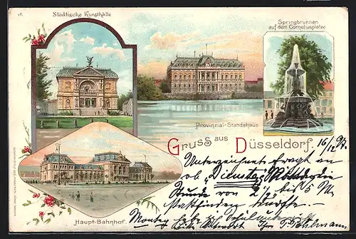 Lithographie Düsseldorf, Springbrunnen auf dem Corneliusplatz, Städtische Kunsthalle, Haupt-Bahnhohf