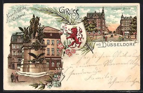 Lithographie Düsseldorf, Kaiser Wilhelm Denkmal, Elberfelder Strasse, Wappen