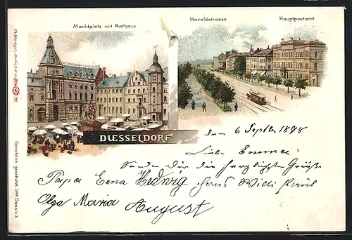 Lithographie Düsseldorf, Marktplatz mit Rathaus, Haroldstrasse, Hauptpostamt