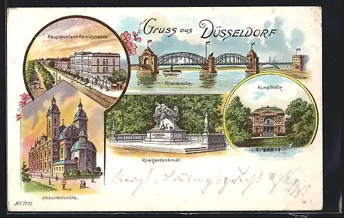 Lithographie Düsseldorf, Rheinbrücke, Hauptpostamt Haroldstrasse, Jesuitenkirche, Kunsthalle