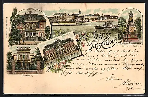 Lithographie Düsseldorf, Malkasten, Ständehaus, Kunsthalle, Cornelius-Denkmal, Totalansicht