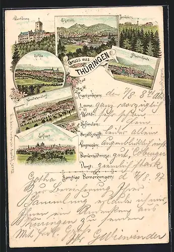 Lithographie Eisenach /Thüringen, Ortspartie, Gotha, Erfurt