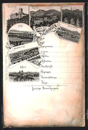 Lithographie Eisenach /Thüringen, Ortspartie, Gotha, Erfurt