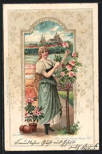 Lithographie Jugendstil, junge Frau mit einem Rosengruss, Stadtpanorama
